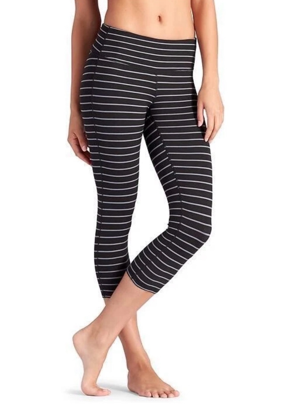 ATHLETA Womens Chaturanga Capri Black & Slate Grey Stripes Yoga Leggings Sz L
